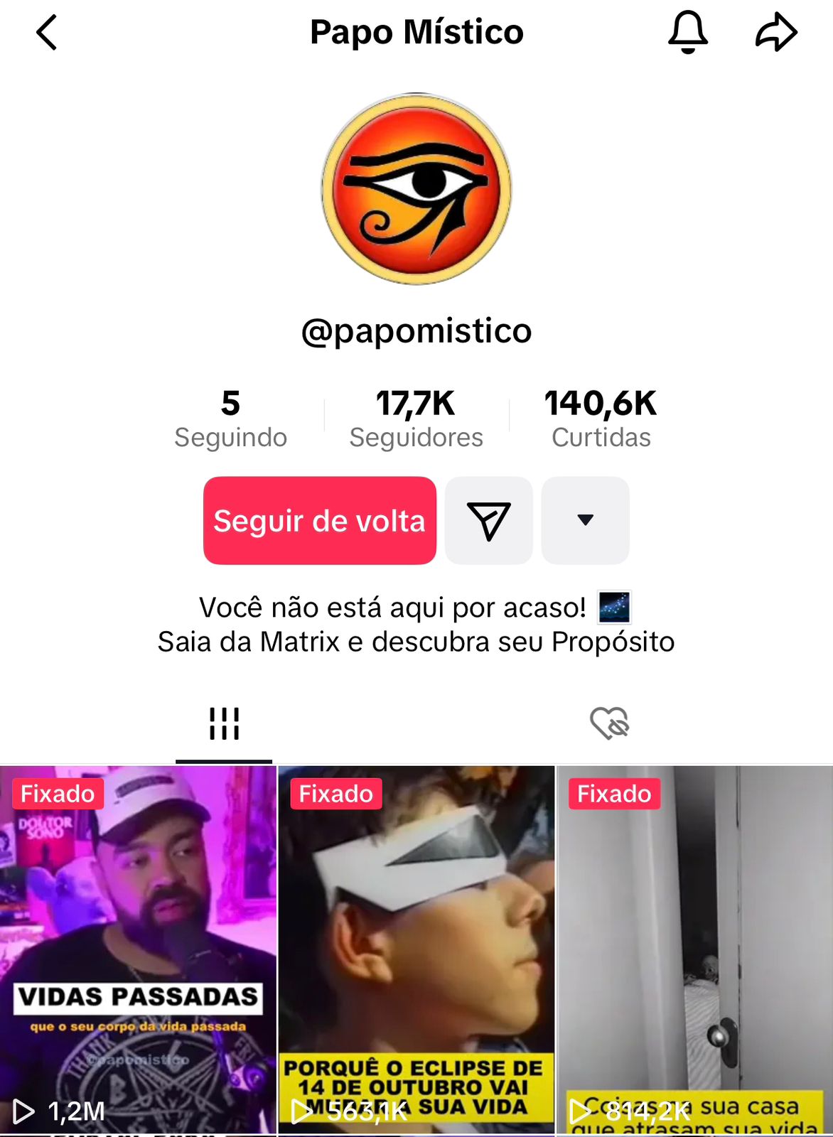 Captura de tela do perfil Papo Místico com 17,7 mil seguidores e vídeos com 1,2 milhão, 563,1 mil e 814,2 mil visualizações